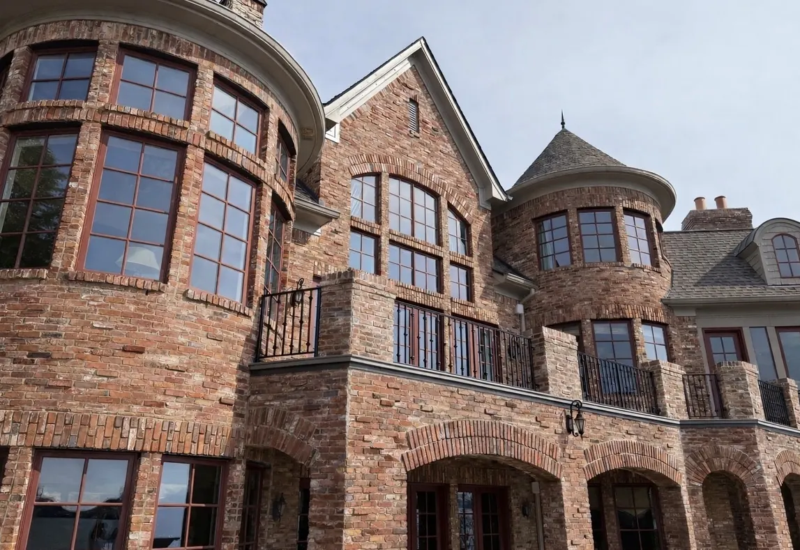 Brick estate with rows of clean windows reflecting the sky